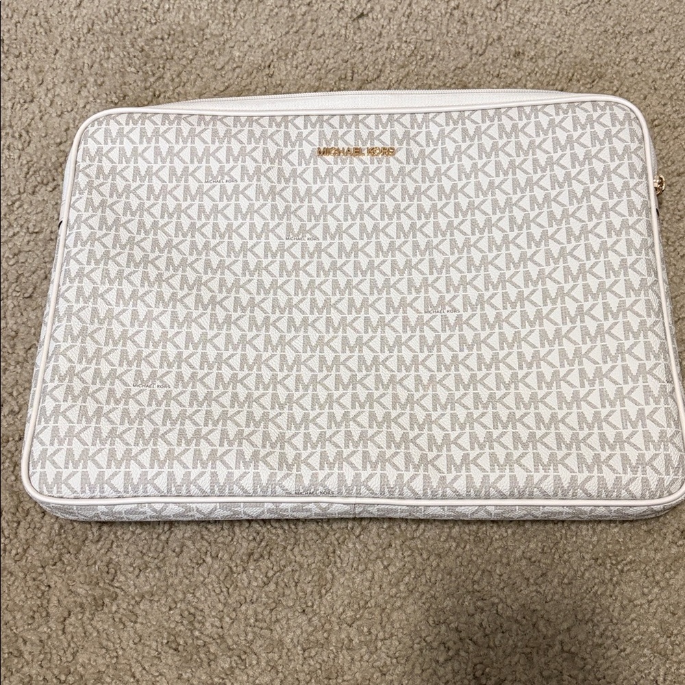 Michael Kors Beige and White Monogram Laptop Case
